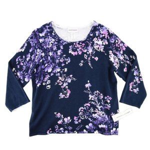 NWT Alfred Dunner Work Casual Sweater Top Blouse Floral Purple Rhinestone Size L